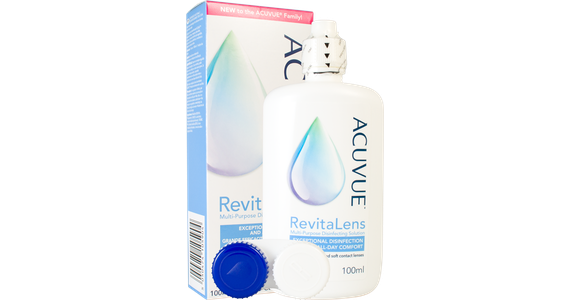 Acuvue RevitaLens Flasche, Verpackung und Kontaktlinsenbehälter