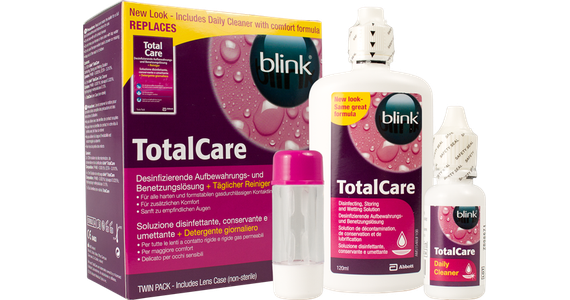 Blink Total Care Twin Pack Flaschen, Verpackung und Kontaktlinsenbehälter